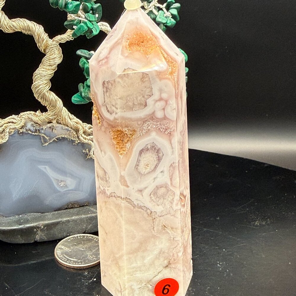 Pink Flower Agate Crystal Tower 4.51" Tall Druzy Pockets Chalcedony 6 sided 6